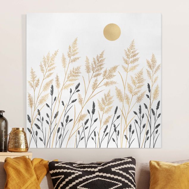 Tableaux sur toile avec herbes Herbes et lune en or et noir