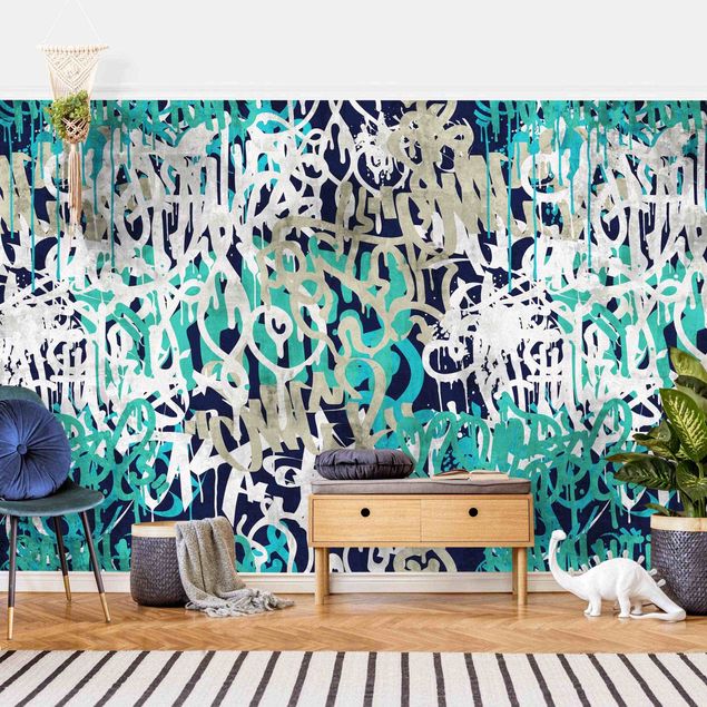 Tapisserie moderne Graffiti Art Tagged Wall Turquoise