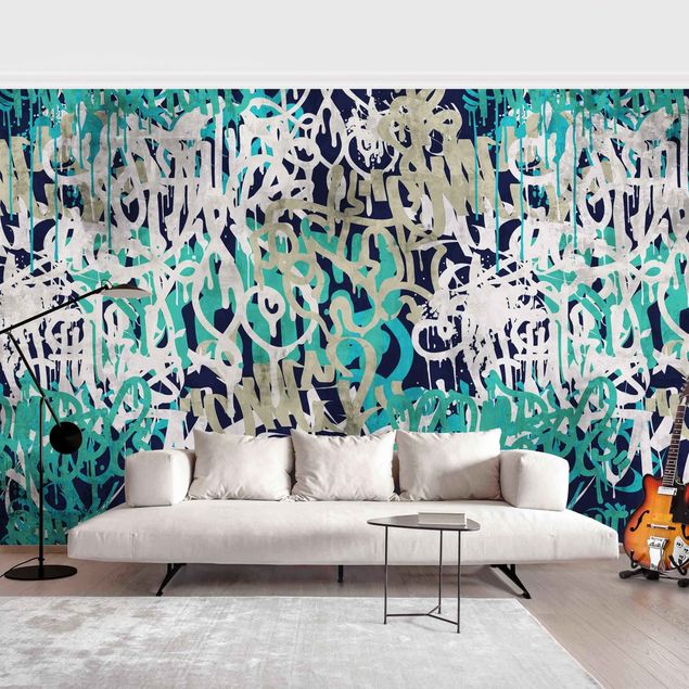 Papiers peints industriels Graffiti Art Tagged Wall Turquoise
