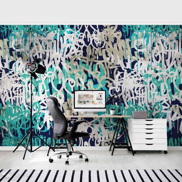 Tapisserie turquoise Graffiti Art Tagged Wall Turquoise