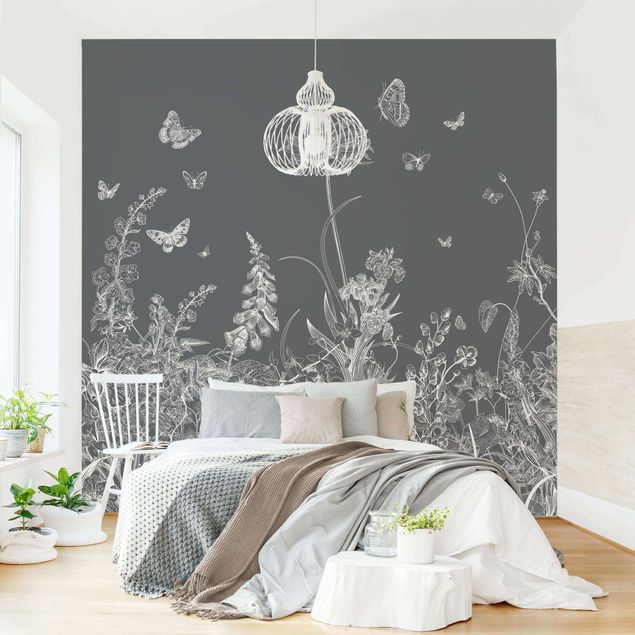 Papier peint papillons Large Flowers With Butterflies In Grey