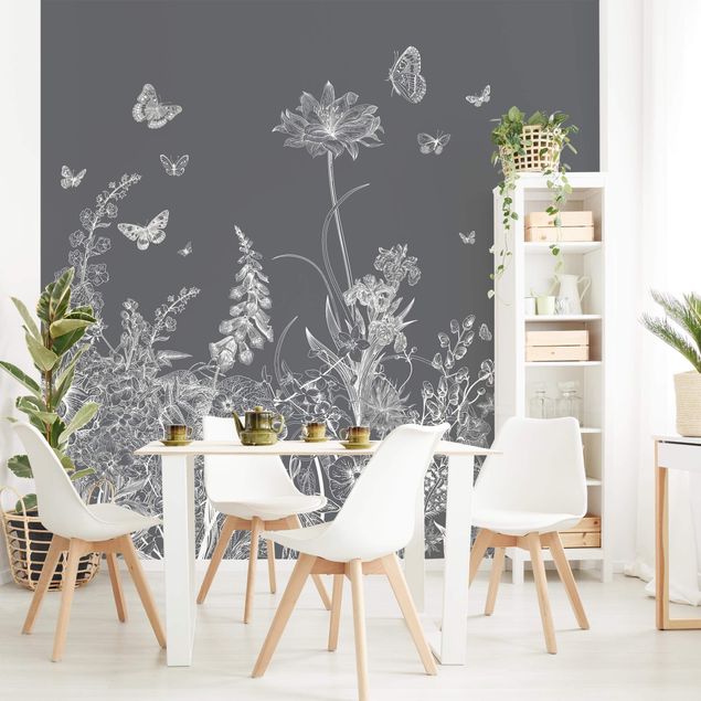 Papier peint moderne Large Flowers With Butterflies In Grey