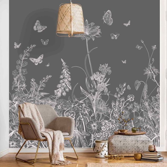 Papier peint fleurs Large Flowers With Butterflies In Grey