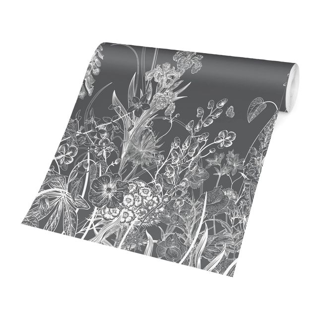 Papier peint animaux Large Flowers With Butterflies In Grey