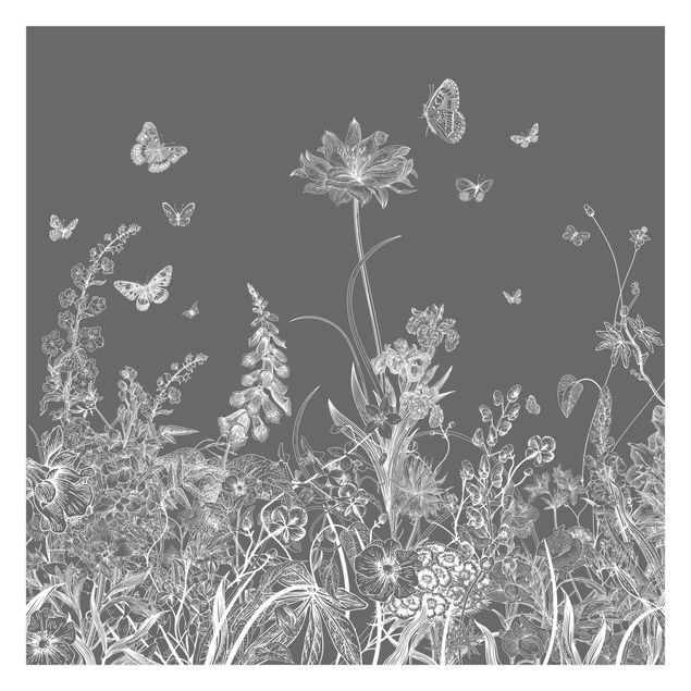 Papier peint gris Large Flowers With Butterflies In Grey