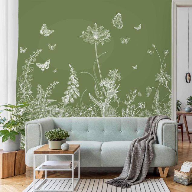 Papier peint moderne Large Flowers With Butterflies In Green