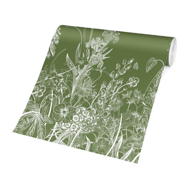 Papier peint animaux Large Flowers With Butterflies In Green