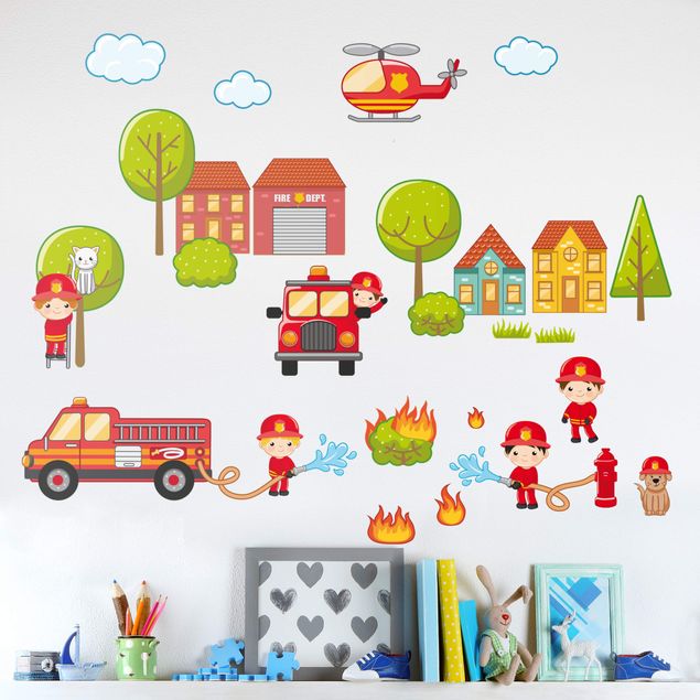 Sticker mural - Big fire department set firefighter fire truck car