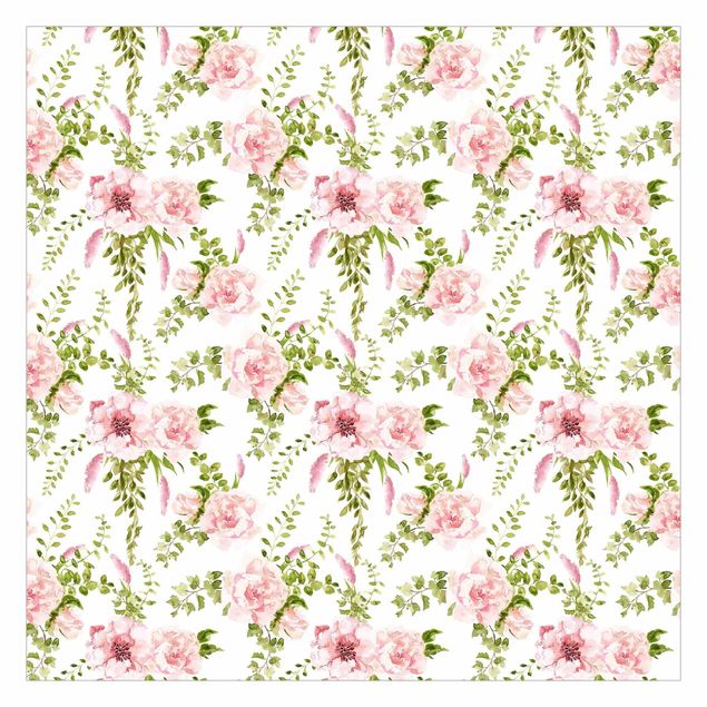 Wallpaper - Green Leaves With Pink Flowers In Watercolour
