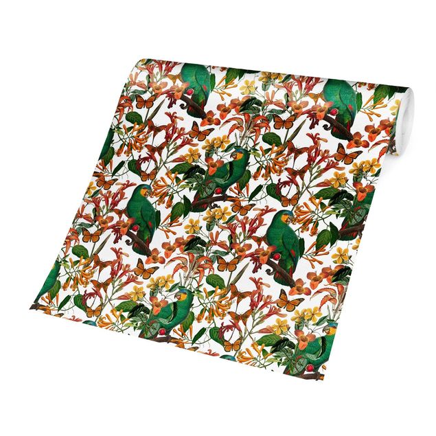 papier peint fleuri Perroquets verts avec papillons tropicaux