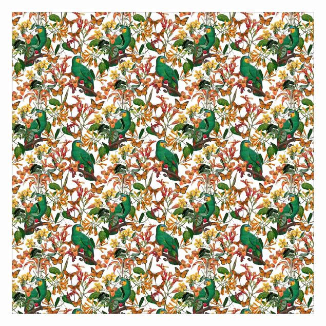 Papier peint rétro Perroquets verts avec papillons tropicaux
