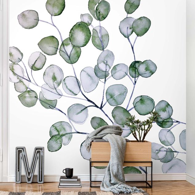 papier peint fleuri Branche d'eucalyptus vert aquarelle