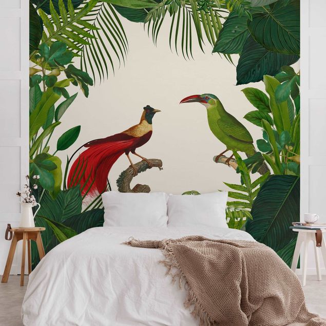 Tapisserie moderne Green Paradise With Tropical Birds
