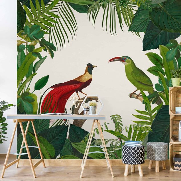 papier peint fleuri Green Paradise With Tropical Birds
