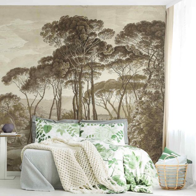 Papier peint panoramique forêt Hendrik Voogd - Paysage avec arbres en beige