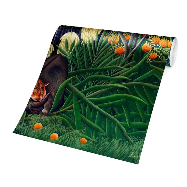 Papier peint panoramique forêt Henri Rousseau - Combat entre un tigre et un buffle