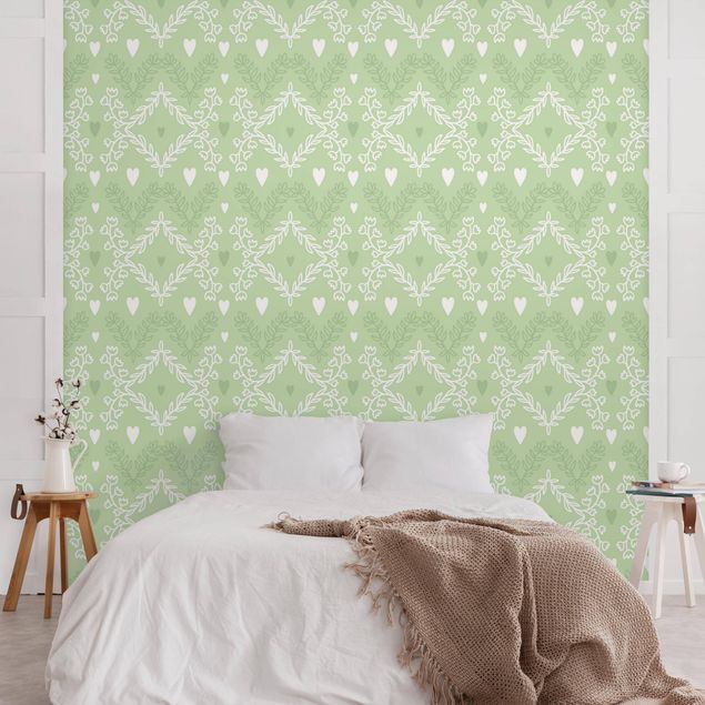 Tapisserie vintage Hearts With Flower Pattern In Green