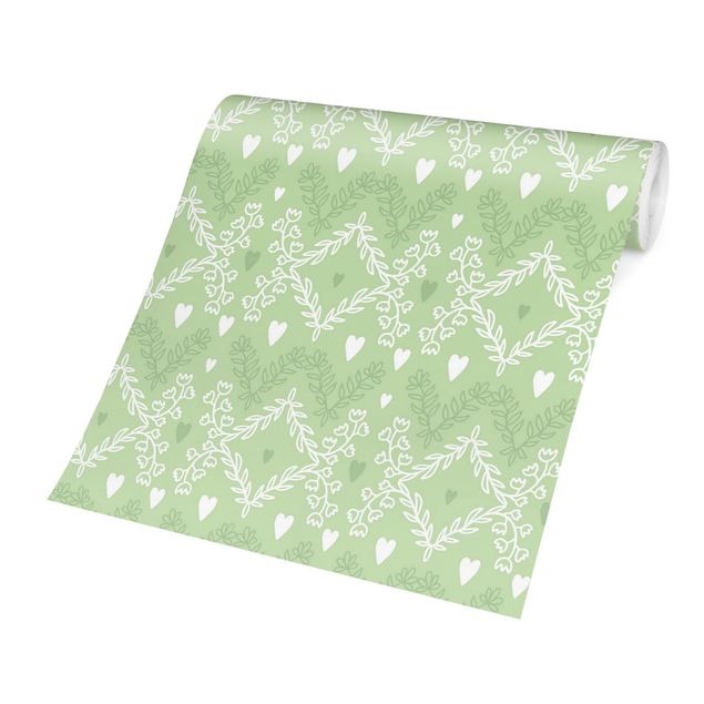 Papiers peints verts Hearts With Flower Pattern In Green