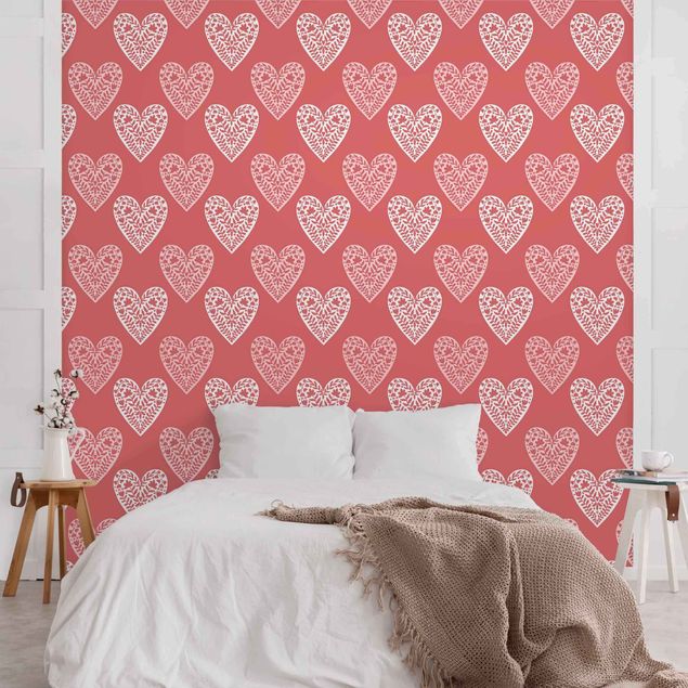 Tapisserie moderne Hearts With Flower Pattern In Red