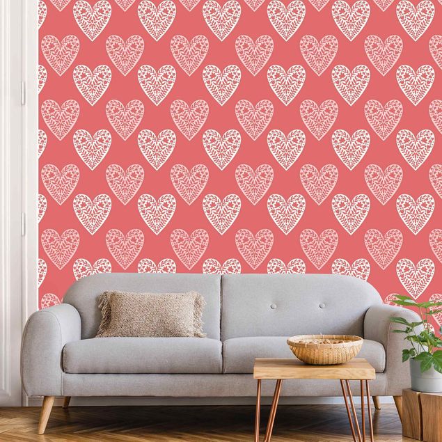 Papier peint rétro Hearts With Flower Pattern In Red