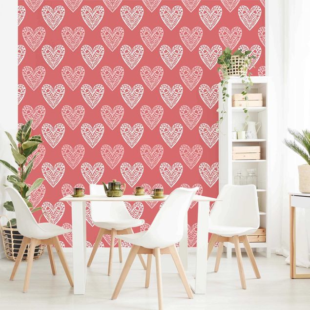 Tapisserie motif Hearts With Flower Pattern In Red