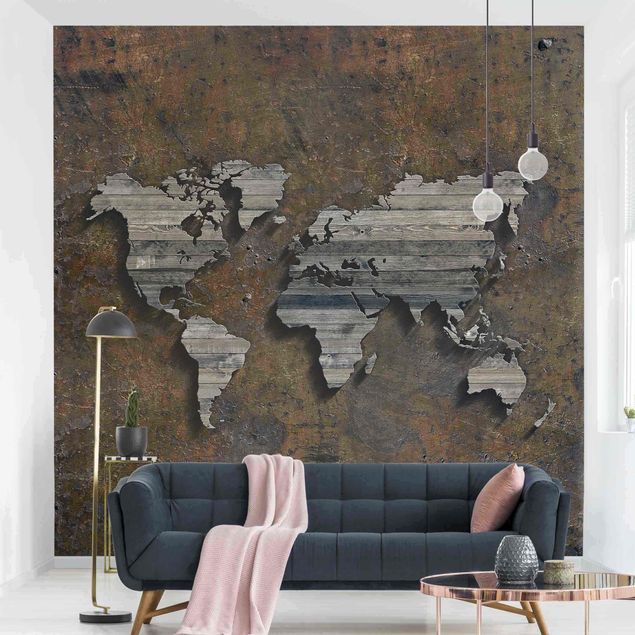 Déco mur cuisine Carte du monde avec grille en bois