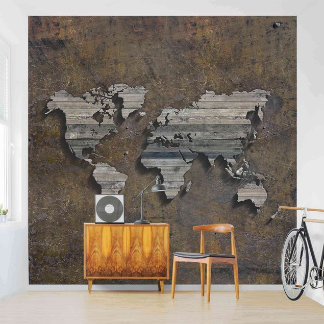 Papier peint effet bois Carte du monde avec grille en bois
