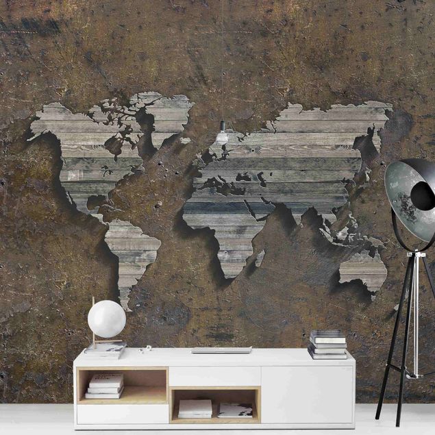 Papiers peints industriels Carte du monde avec grille en bois