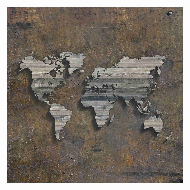 papier peint xxl Carte du monde avec grille en bois