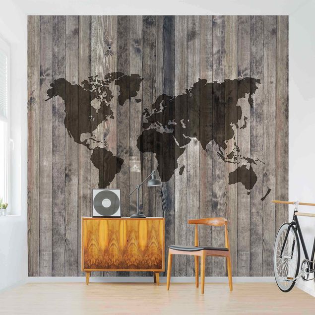 Papier peint effet bois Carte du monde en bois