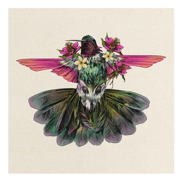 Tableau multicolor Illustration Colibri Floral