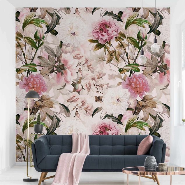 Papier peint floral Pivoines illustrées en rose clair