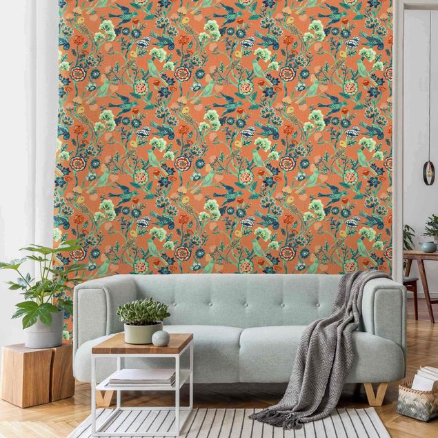 Papier peint moderne Indian Pattern Birds with Flowers Orange