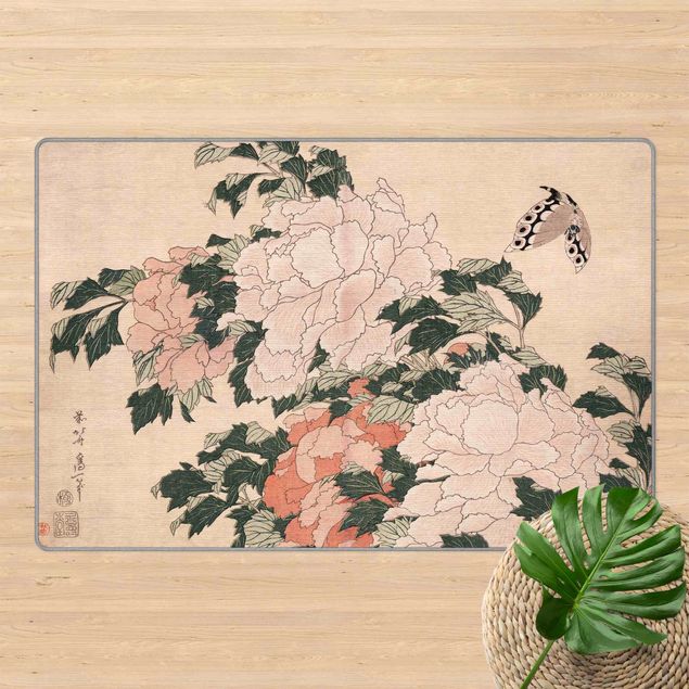tapis modernes Katsushika Hokusai - Pink Peonies With Butterfly
