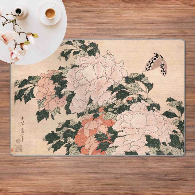 Tapis floraux Katsushika Hokusai - Pink Peonies With Butterfly