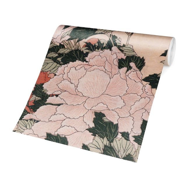Papiers peints modernes Katsushika Hokusai - Pivoines roses avec papillon