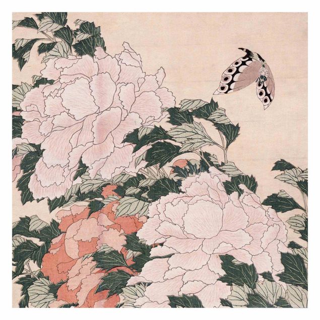 Papier peint floral Katsushika Hokusai - Pivoines roses avec papillon