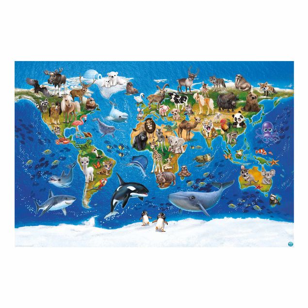 tapisserie panoramique Animal Club International - Carte du monde avec animaux