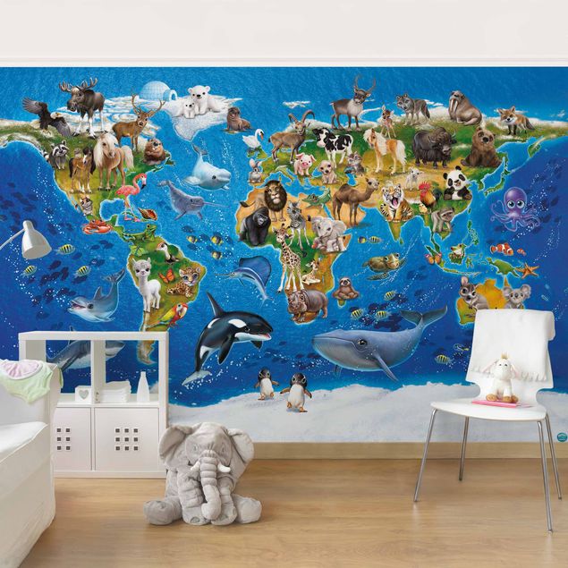 Papier peint animaux forêt Animal Club International - Carte du monde avec animaux