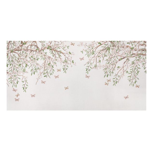 Tableau moderne Les fleurs de cerisier dans le jeu d'ailes des papillons