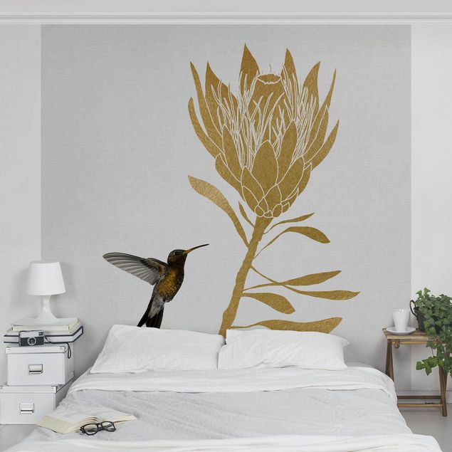 Papiers peints oiseaux Colibri et fleur d'or tropicale