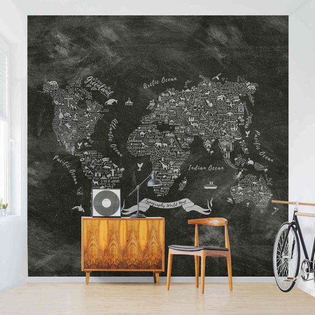 Papier peint noir et blanc Carte du monde en typographie à la craie