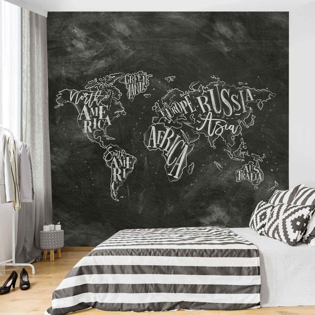 Papier peint panoramique noir et blanc Carte du monde à la craie