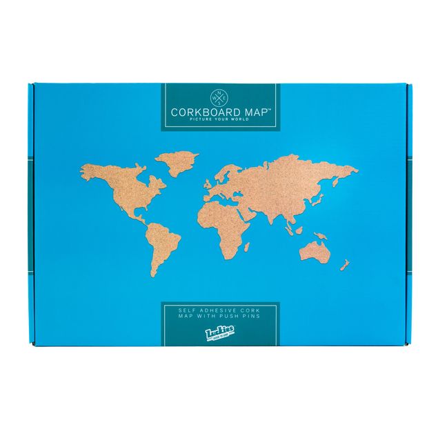 Tableau-mémo en liège en forme de carte du monde avec 16 punaises 100 x 45 cm