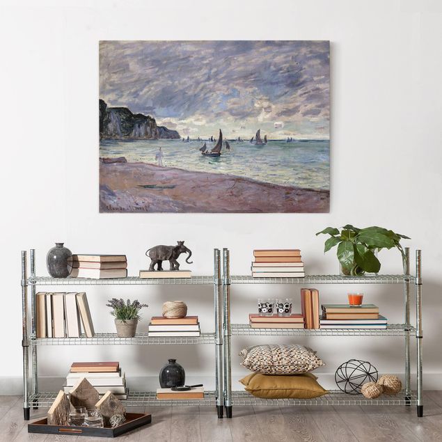 Toile impressionniste Claude Monet - Bateaux de pêche devant la plage et les falaises de Pourville