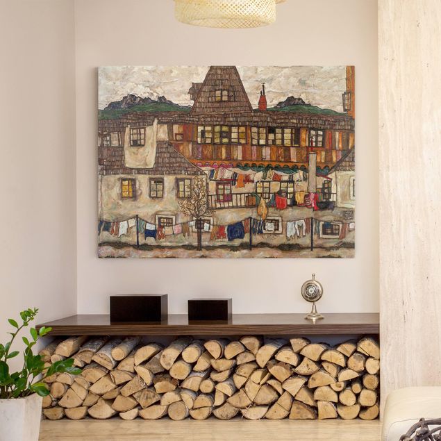 Tableau artistique Egon Schiele - Maison avec linge en train de sécher