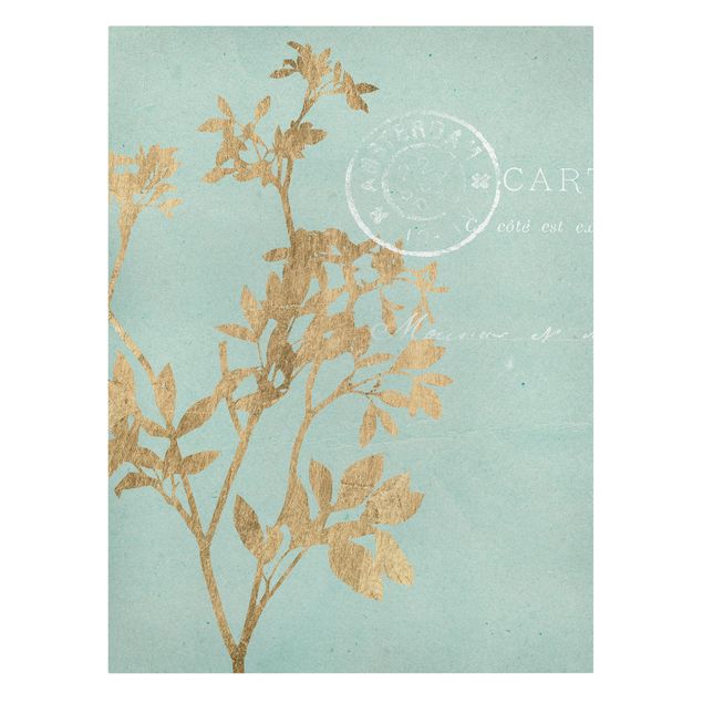 Tableau turquoise Feuilles d'or sur turquoise I