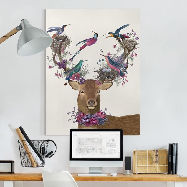 Tableau cerf Stag With Pigeons