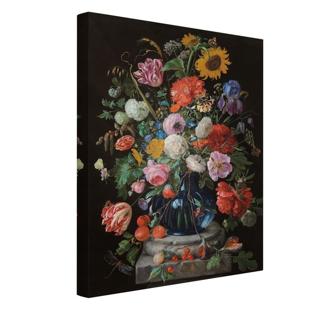Toile tournesol Jan Davidsz de Heem - Des tulipes, un tournesol, un iris et d'autres fleurs dans un vase en verre sur le socle en marbre d'une colonne