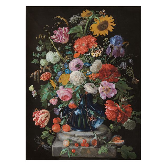 Tableaux modernes Jan Davidsz de Heem - Des tulipes, un tournesol, un iris et d'autres fleurs dans un vase en verre sur le socle en marbre d'une colonne